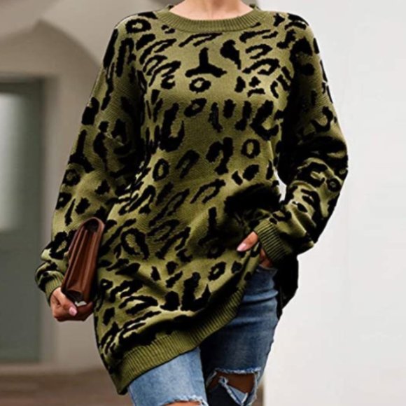 Sweaters - NWT Olive Green Slouchy Oversized Leopard Sweater